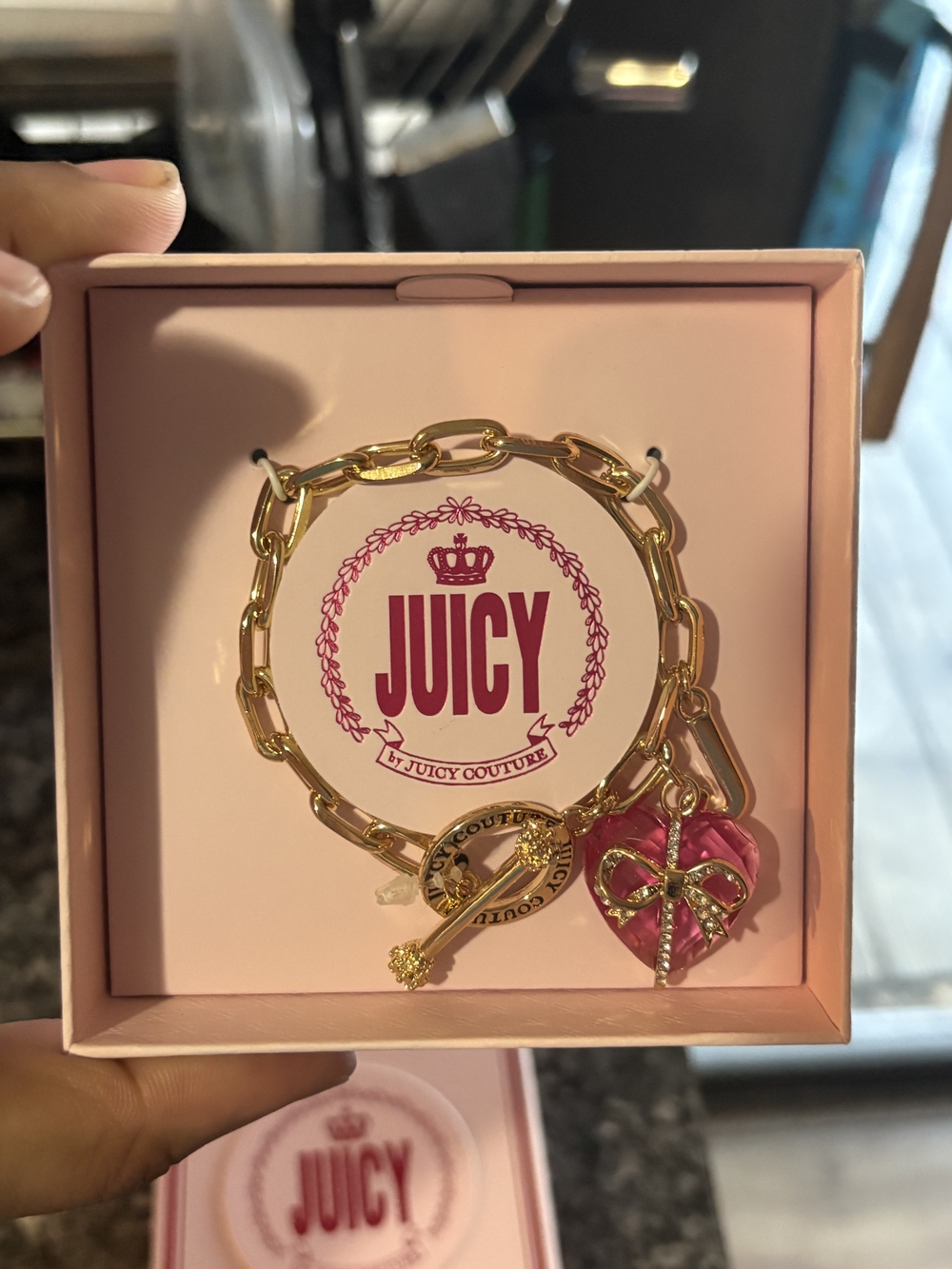 Juicy Couture Gold-Tone Link Bracelet with Pink Heart & Bow Charm
